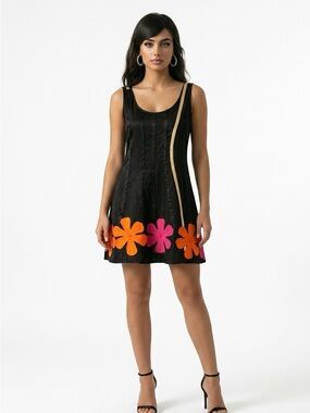 PARADYZ COUTURE Brazil black sleeveless satin floral hem flowy midi dress medium